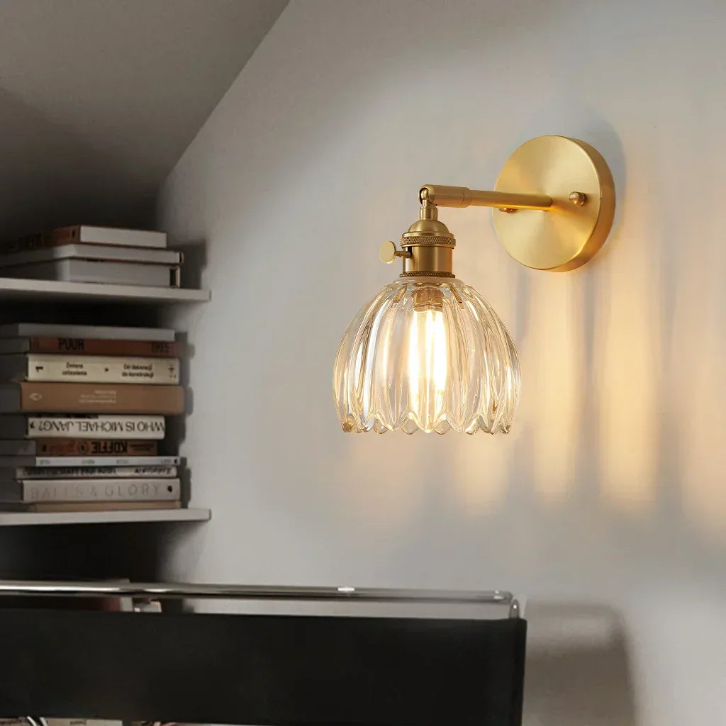 Art Deco Wall Sconce Fluted Glass Dome Shade Brass Finish Adjustable Bedroom Lighting