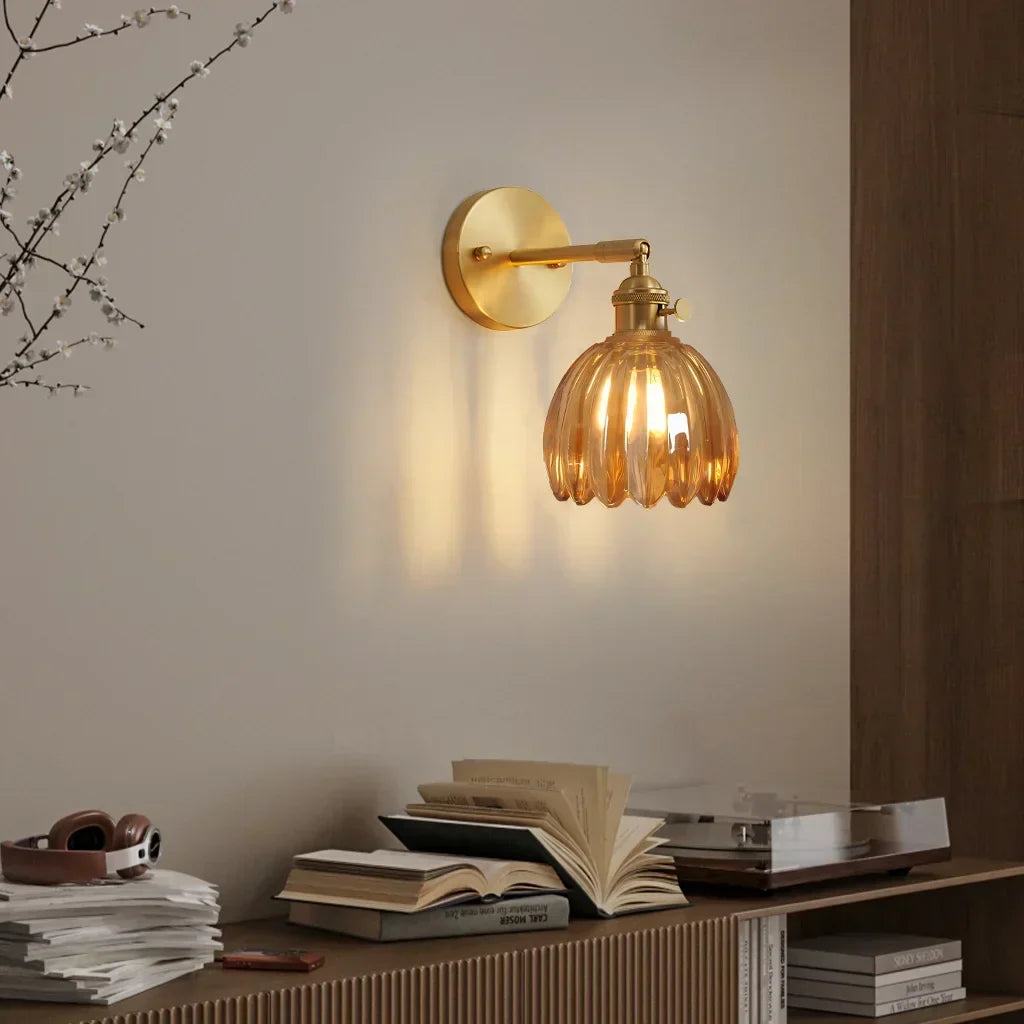 Art Deco Wall Sconce Fluted Glass Dome Shade Brass Finish Adjustable Bedroom Lighting