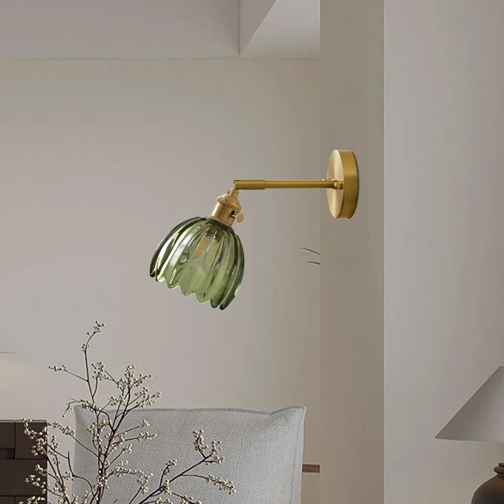 Art Deco Wall Sconce Fluted Glass Dome Shade Brass Finish Adjustable Bedroom Lighting
