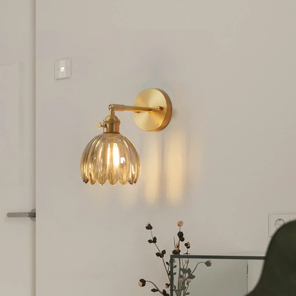 Art Deco Wall Sconce Fluted Glass Dome Shade Brass Finish Adjustable Bedroom Lighting