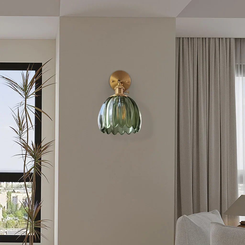Art Deco Wall Sconce Fluted Glass Dome Shade Brass Finish Adjustable Bedroom Lighting