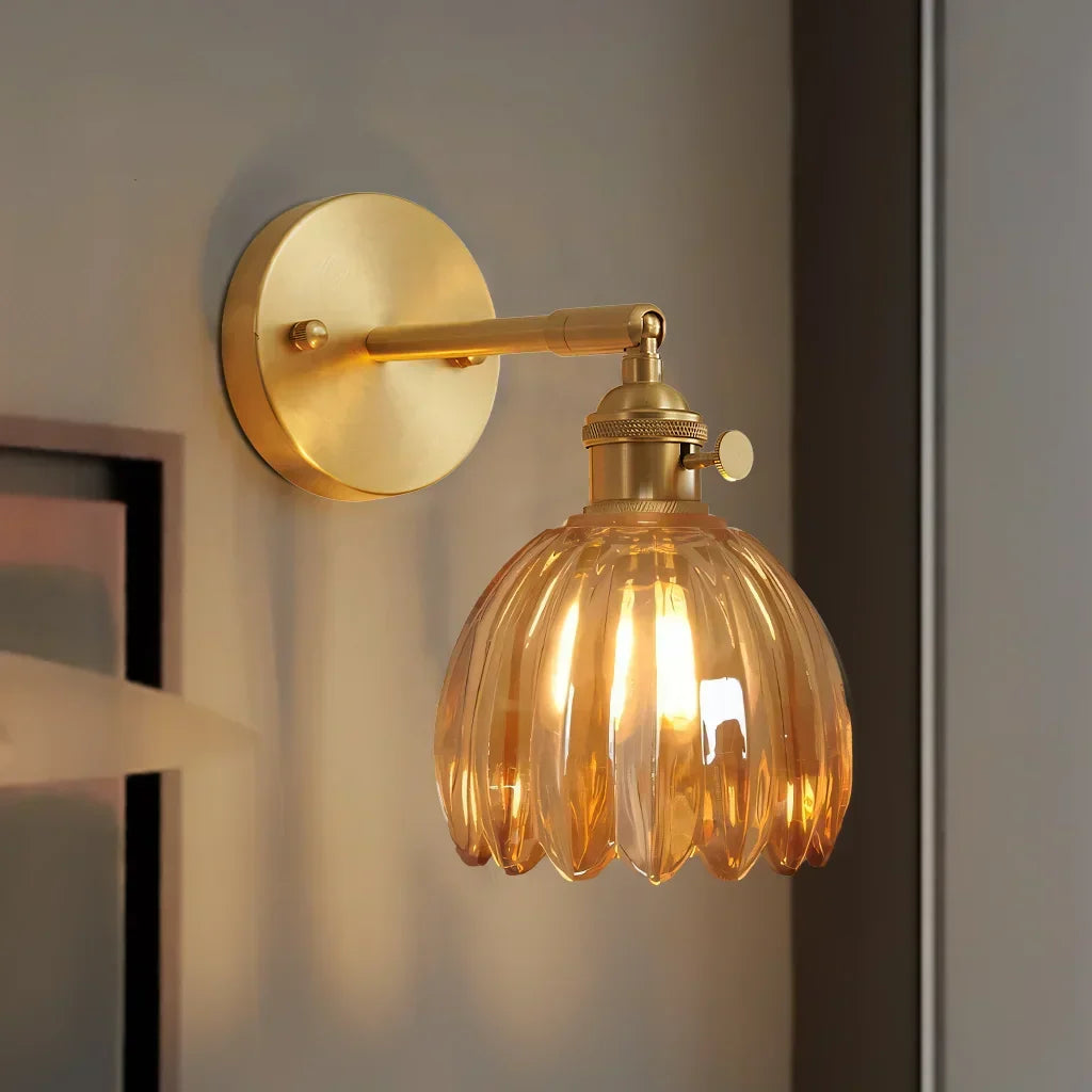 Art Deco Wall Sconce Fluted Glass Dome Shade Brass Finish Adjustable Bedroom Lighting
