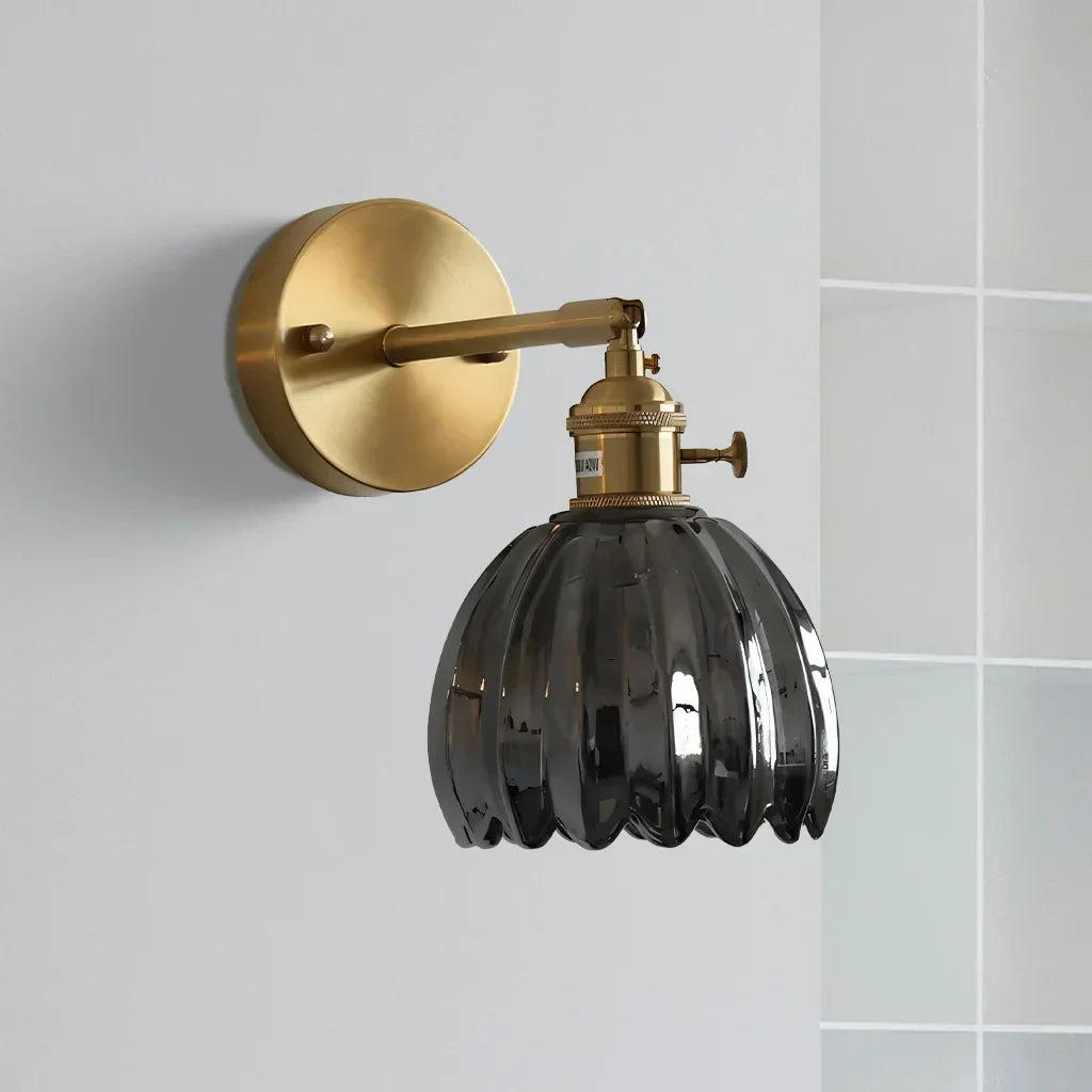 Art Deco Wall Sconce Fluted Glass Dome Shade Brass Finish Adjustable Bedroom Lighting