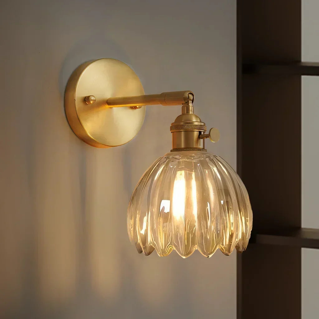 Art Deco Wall Sconce Fluted Glass Dome Shade Brass Finish Adjustable Bedroom Lighting