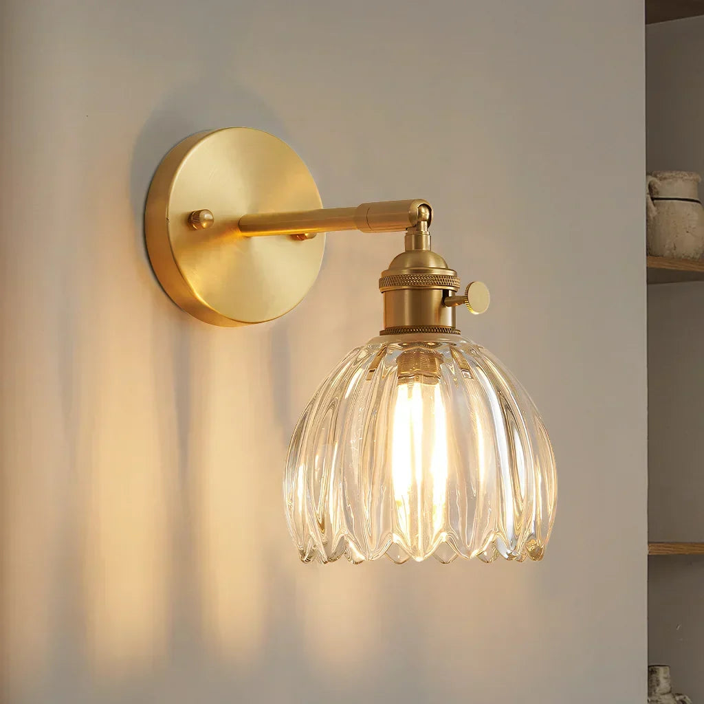 Art Deco Wall Sconce Fluted Glass Dome Shade Brass Finish Adjustable Bedroom Lighting