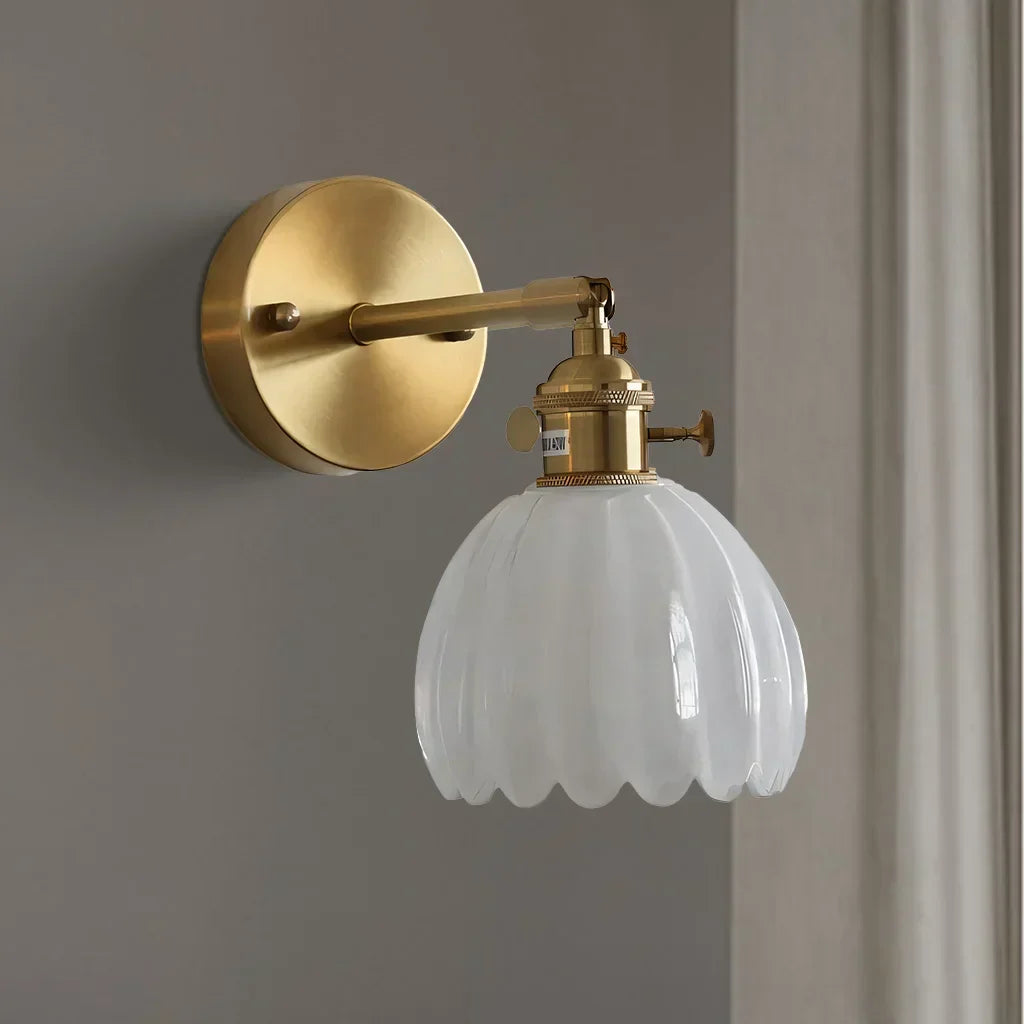 Art Deco Wall Sconce Fluted Glass Dome Shade Brass Finish Adjustable Bedroom Lighting