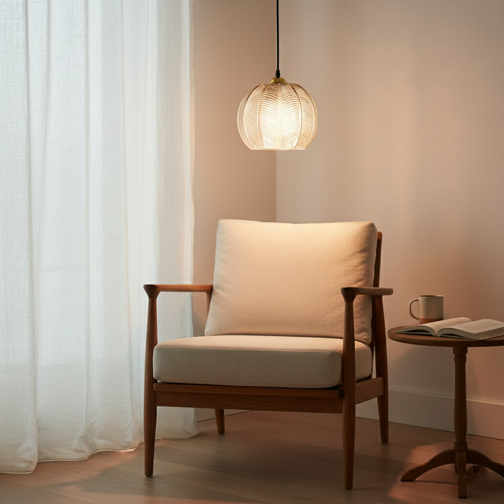 Glass Pendant Lamps Ribbed Leaf Pattern Round Globe Hanging Ceiling Light Fixture