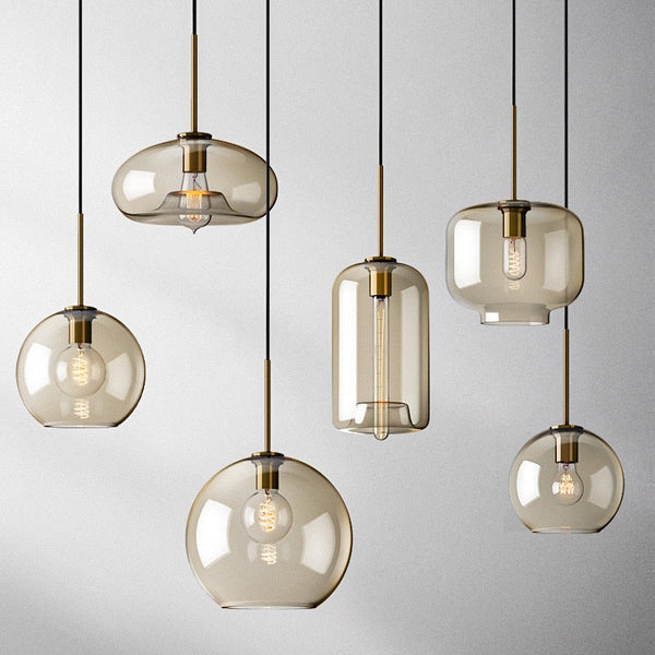 Glass Pendant Lights Amber Round Globe Brass Finish Hanging Ceiling Fixture Dining Room