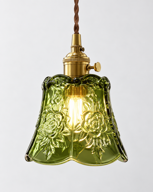 Green Glass Pendant Light Scalloped Bell Shade Brass Fitting Kitchen Ceiling Lighting