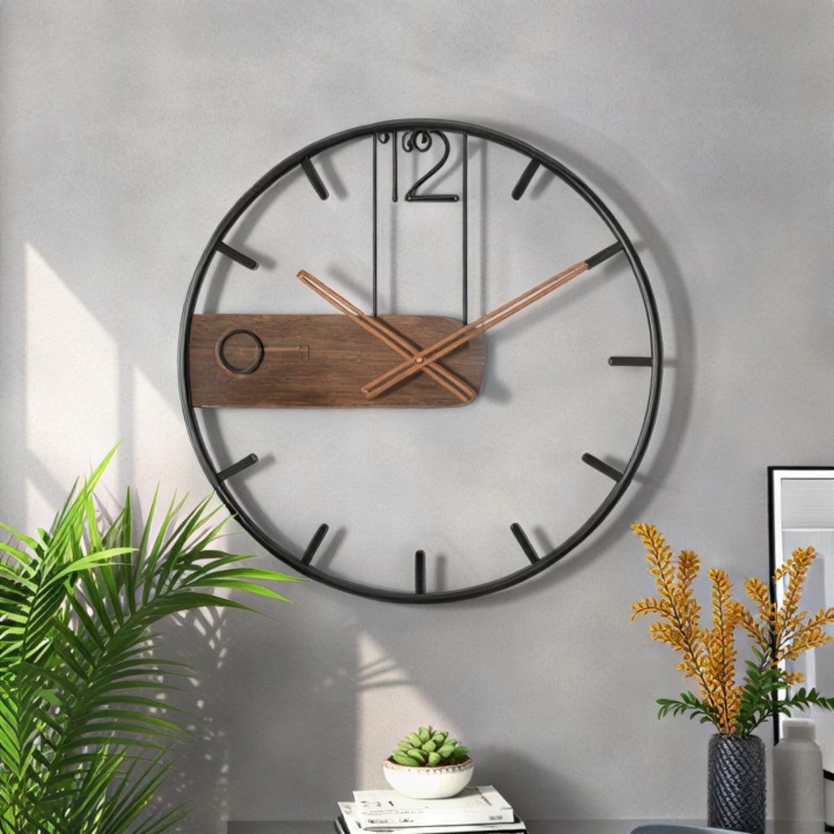 Wall Clock Round Minimalist Wood Composite Metal Frame Silent Home Office Decor