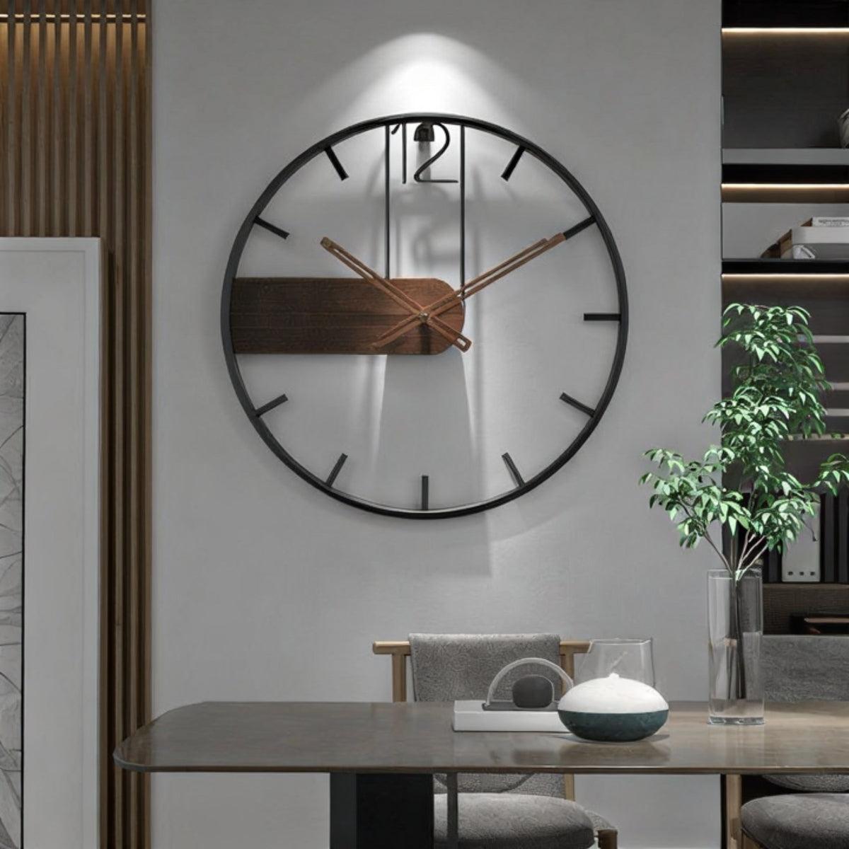 Wall Clock Round Minimalist Wood Composite Metal Frame Silent Home Office Decor