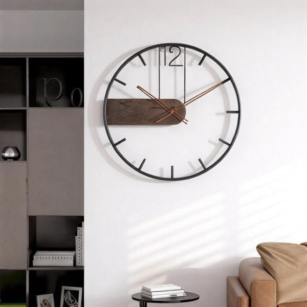 Wall Clock Round Minimalist Wood Composite Metal Frame Silent Home Office Decor