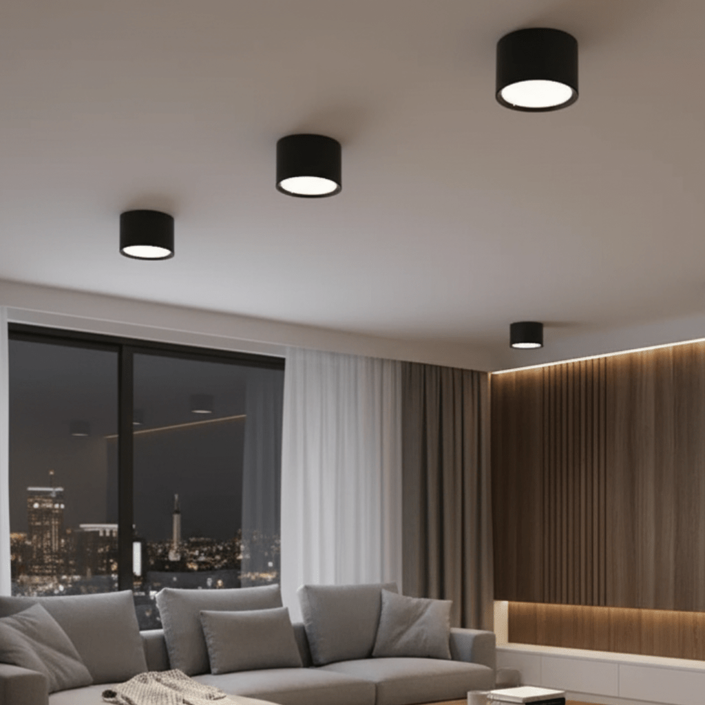 LED Ceiling Light Fixture Round Surface Mount Black Cylinder Downlight Warm White