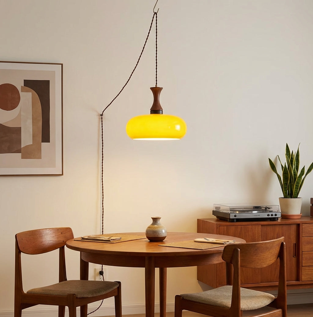 Plug-In Pendant Lamp Oval Glass Shade Wood Accent Dimmer Switch Hanging Light