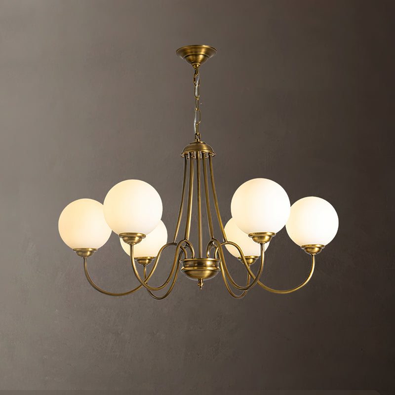 8-Light Globe Chandelier Brass Finish White Frosted Glass Curved Arm Dining Room