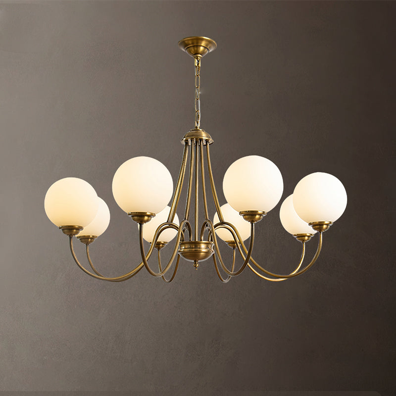 8-Light Globe Chandelier Brass Finish White Frosted Glass Curved Arm Dining Room