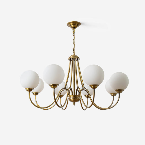 8-Light Globe Chandelier Brass Finish White Frosted Glass Curved Arm Dining Room