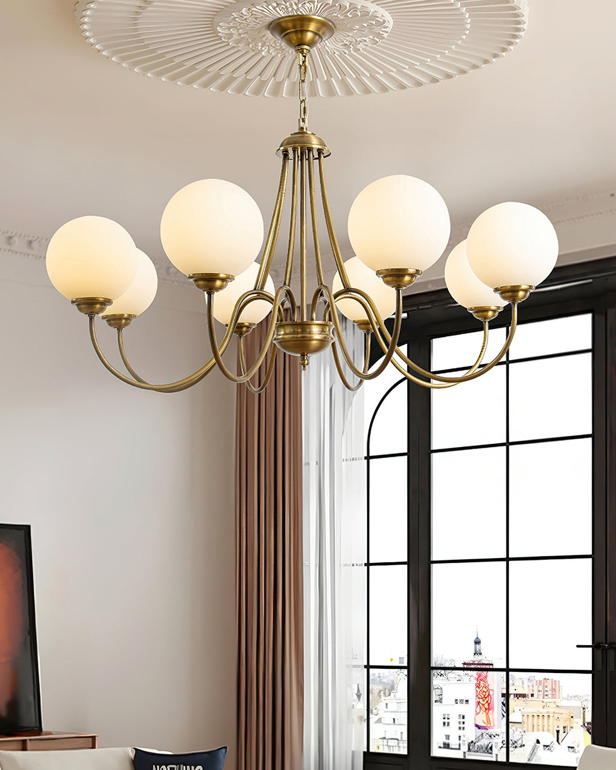 8-Light Globe Chandelier Brass Finish White Frosted Glass Curved Arm Dining Room