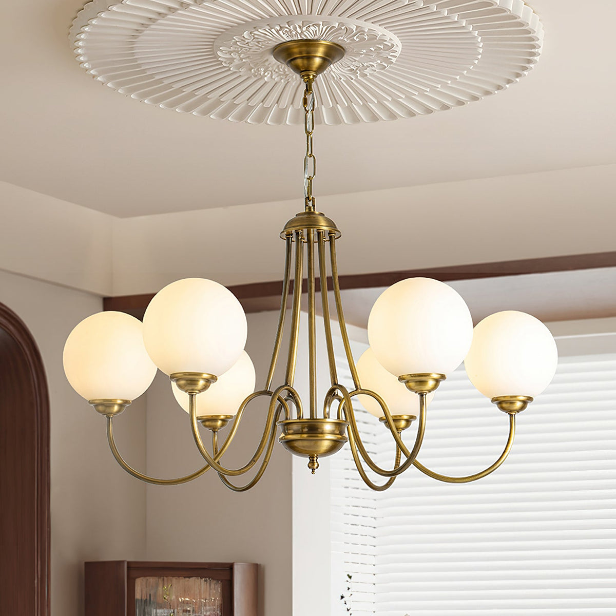 8-Light Globe Chandelier Brass Finish White Frosted Glass Curved Arm Dining Room