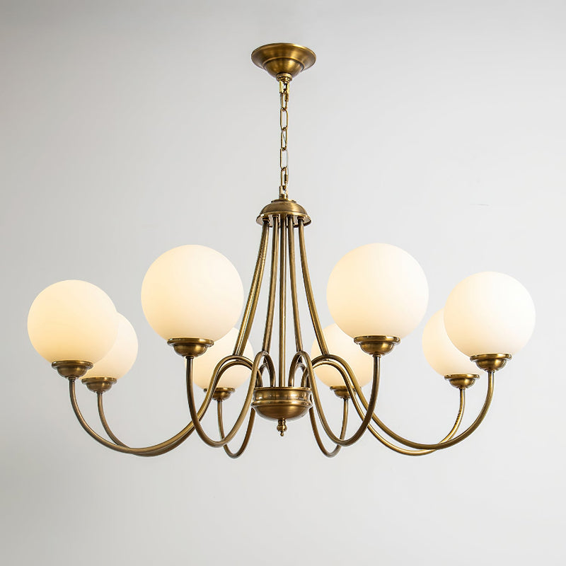 8-Light Globe Chandelier Brass Finish White Frosted Glass Curved Arm Dining Room