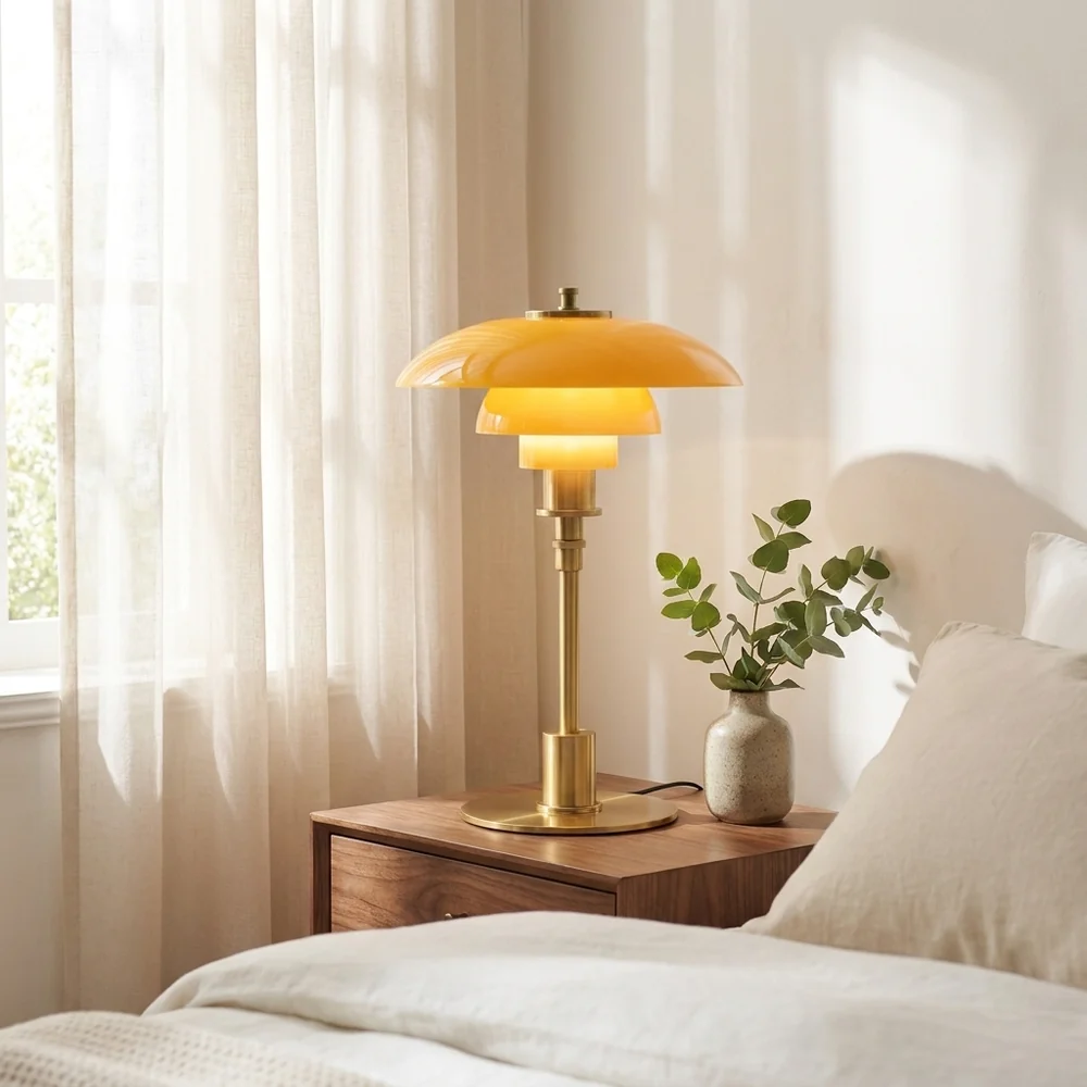 Modern Table Light Tiered Glass Mushroom Shade Amber Brass Bedside Desk Lamp