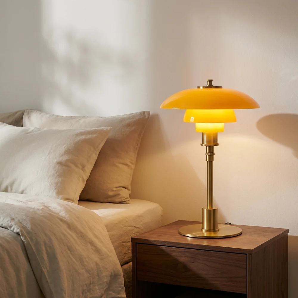 Modern Table Light Tiered Glass Mushroom Shade Amber Brass Bedside Desk Lamp