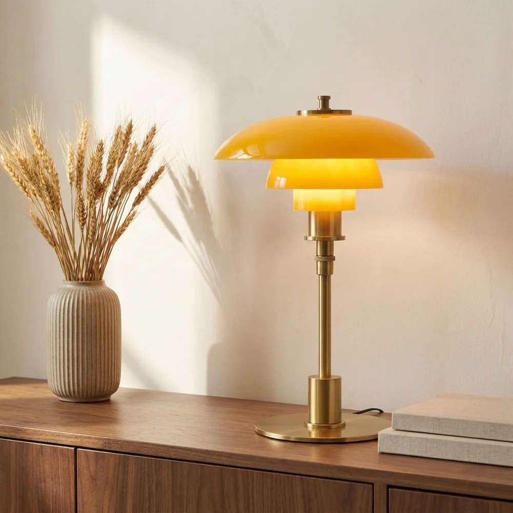 Modern Table Light Tiered Glass Mushroom Shade Amber Brass Bedside Desk Lamp