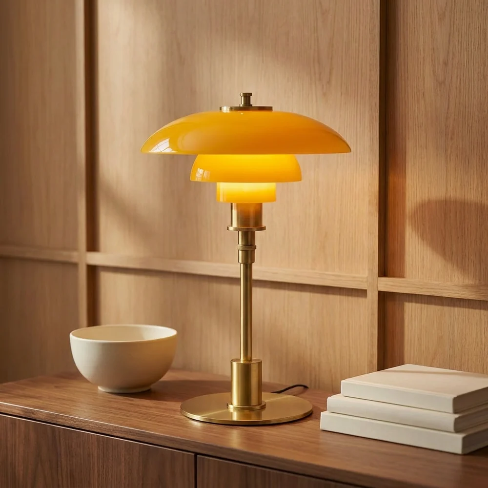 Modern Table Light Tiered Glass Mushroom Shade Amber Brass Bedside Desk Lamp