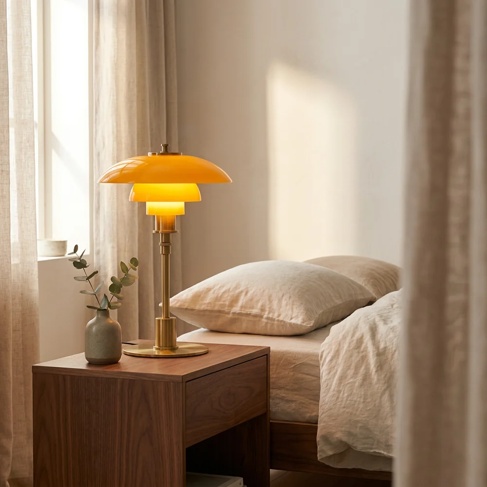 Modern Table Light Tiered Glass Mushroom Shade Amber Brass Bedside Desk Lamp
