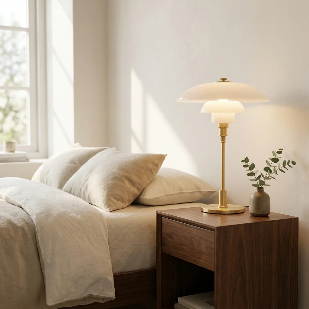 Modern Table Light Tiered Glass Mushroom Shade Amber Brass Bedside Desk Lamp