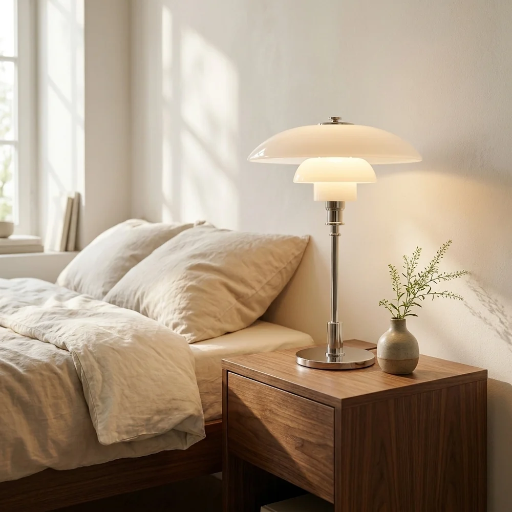 Modern Table Light Tiered Glass Mushroom Shade Amber Brass Bedside Desk Lamp