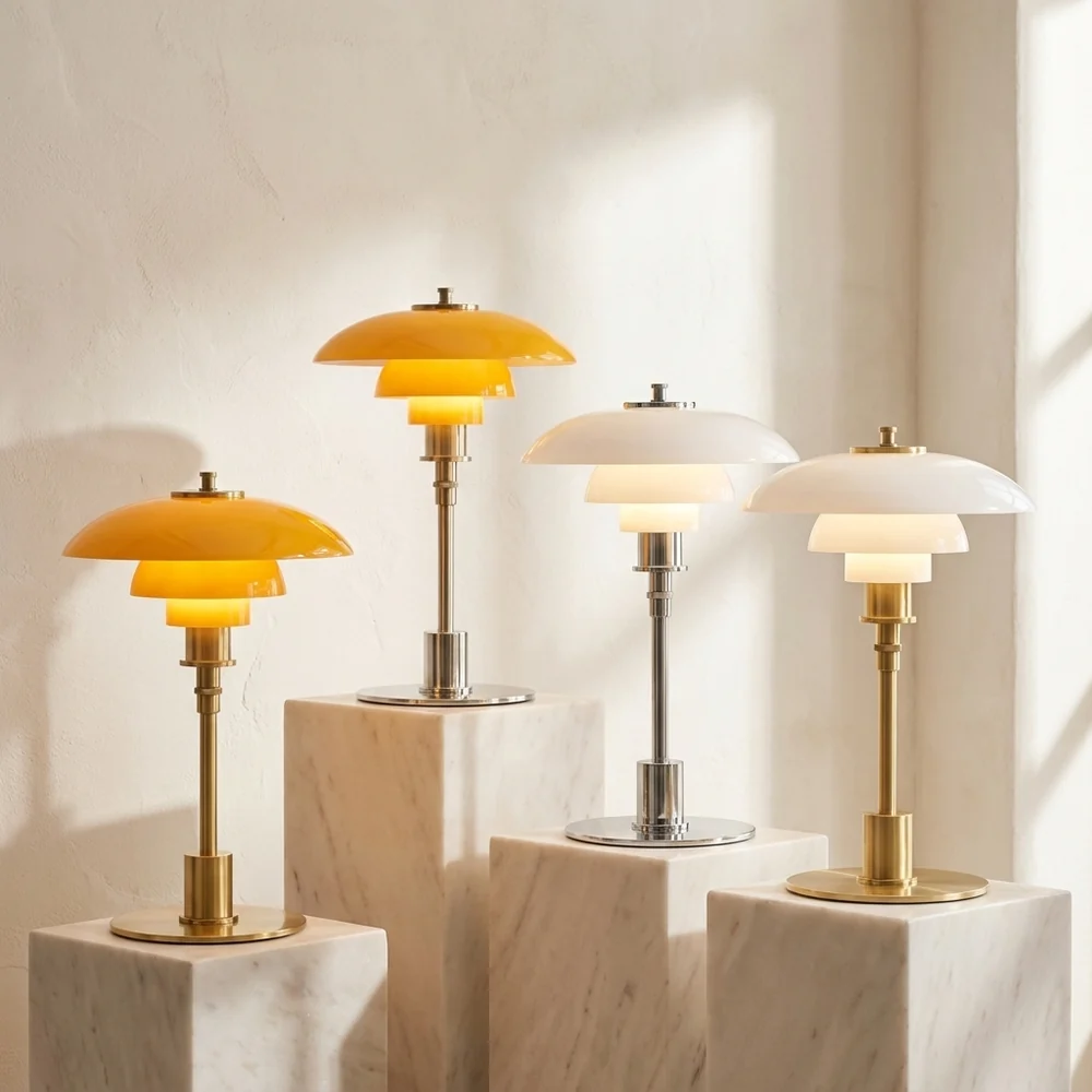 Modern Table Light Tiered Glass Mushroom Shade Amber Brass Bedside Desk Lamp