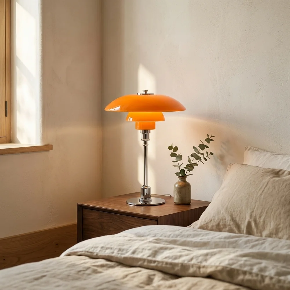 Modern Table Light Tiered Glass Mushroom Shade Amber Brass Bedside Desk Lamp