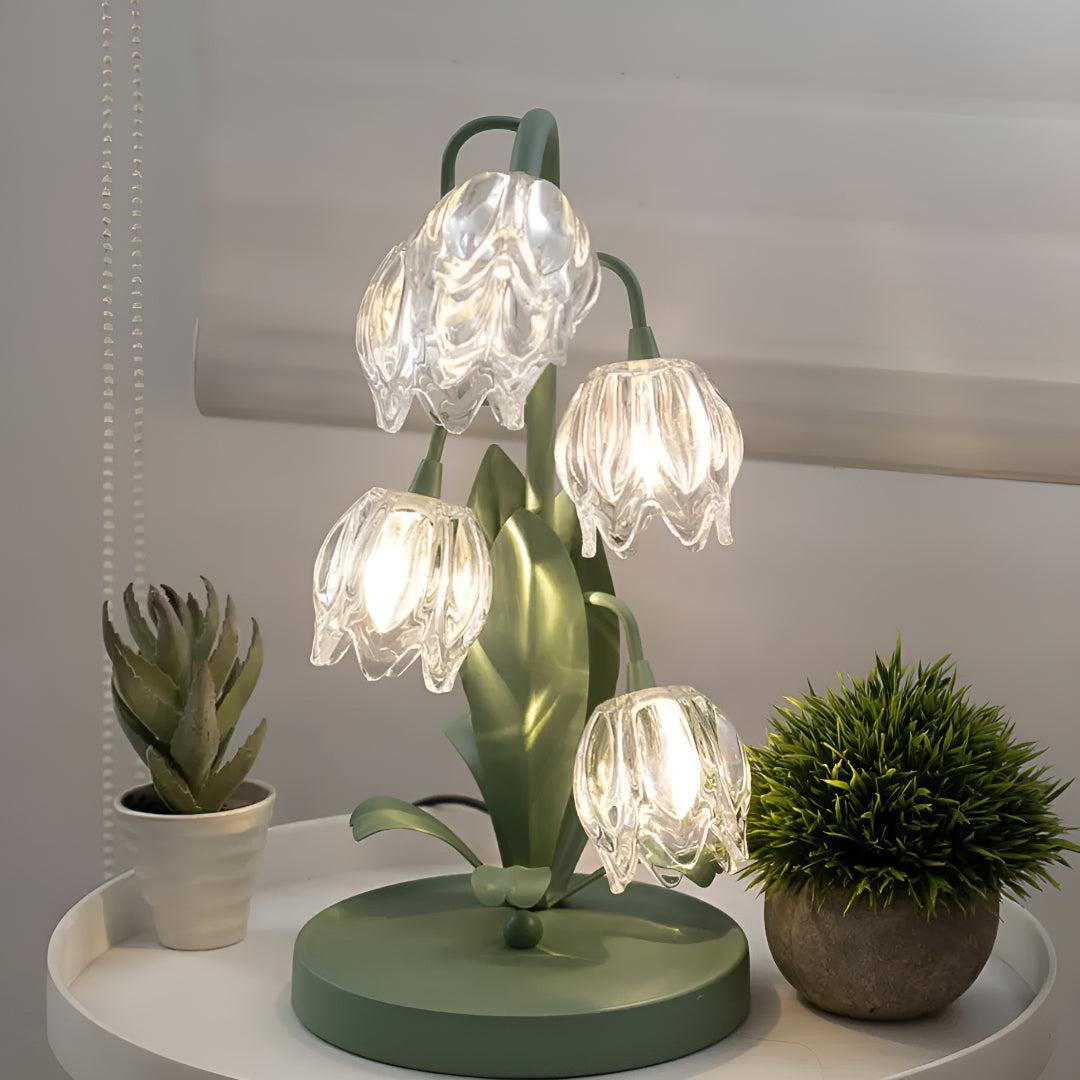 Glass Table Lamp Lily of the Valley Flower Shade Green Metal Base Bedside Night Light