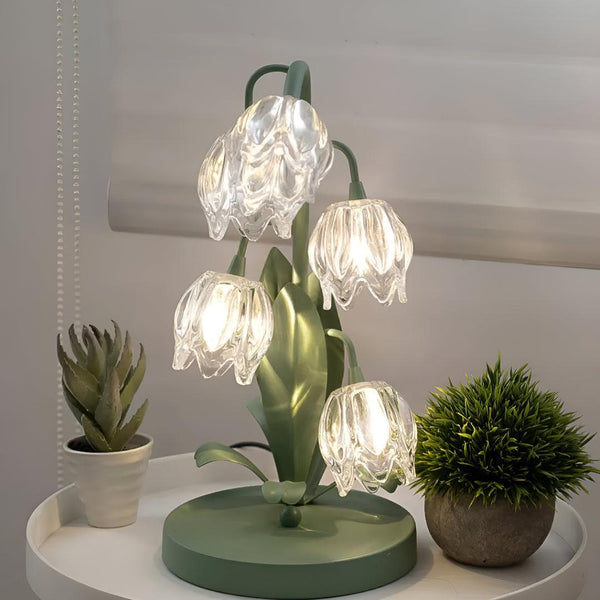Glass Table Lamp Lily of the Valley Flower Shade Green Metal Base Bedside Night Light