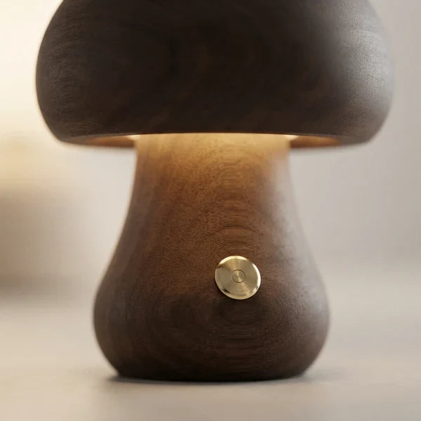 Wooden Mushroom LED Night Light Dome Shade Push Button Bedside Table Lamp Decor