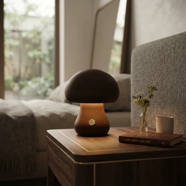 Wooden Mushroom LED Night Light Dome Shade Push Button Bedside Table Lamp Decor
