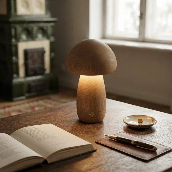 Wooden Mushroom LED Night Light Dome Shade Push Button Bedside Table Lamp Decor