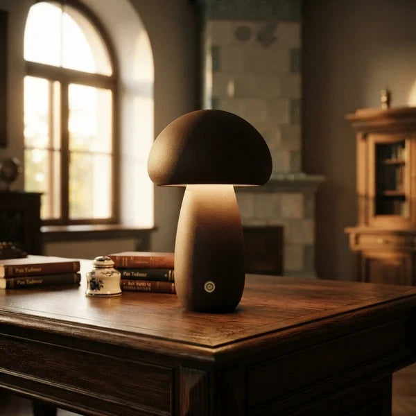 Wooden Mushroom LED Night Light Dome Shade Push Button Bedside Table Lamp Decor