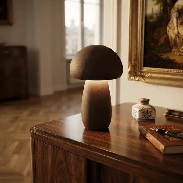 Wooden Mushroom LED Night Light Dome Shade Push Button Bedside Table Lamp Decor