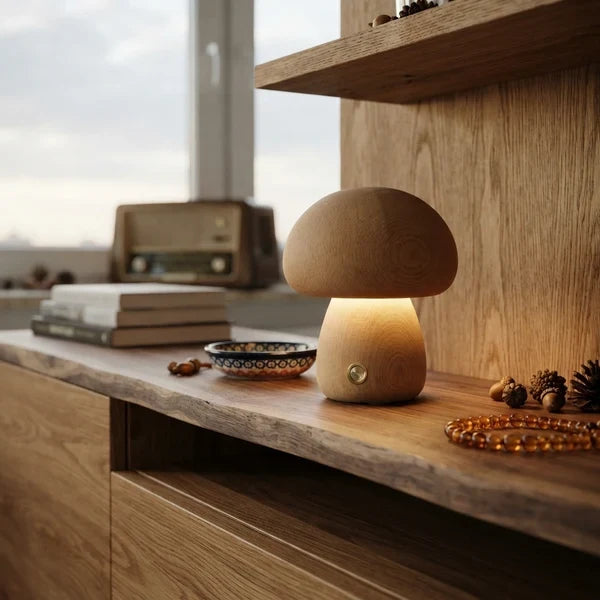 Wooden Mushroom LED Night Light Dome Shade Push Button Bedside Table Lamp Decor