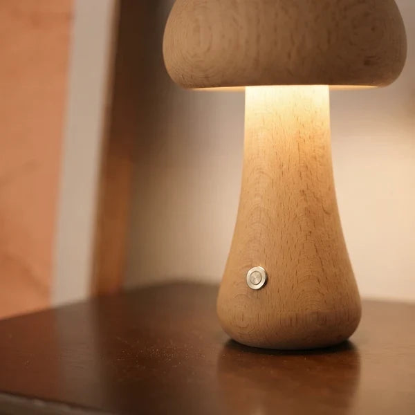 Wooden Mushroom LED Night Light Dome Shade Push Button Bedside Table Lamp Decor