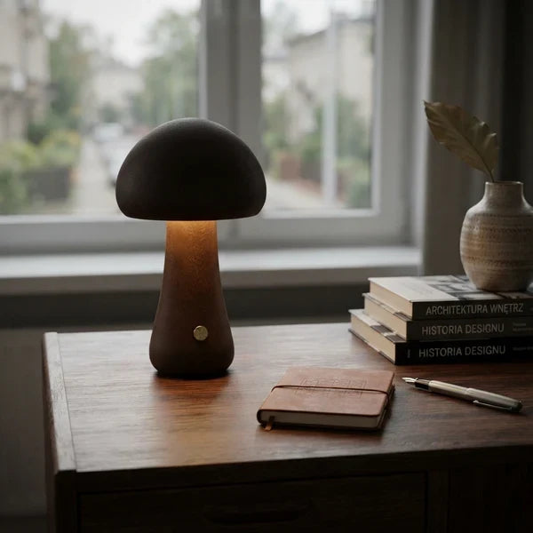 Wooden Mushroom LED Night Light Dome Shade Push Button Bedside Table Lamp Decor