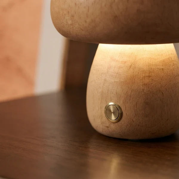 Wooden Mushroom LED Night Light Dome Shade Push Button Bedside Table Lamp Decor