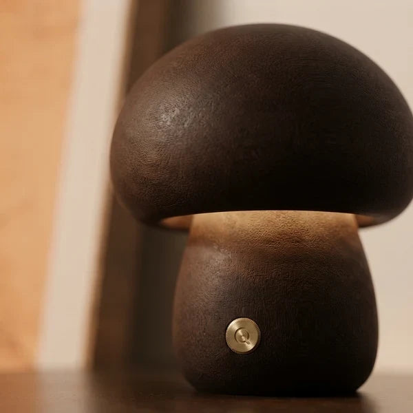 Wooden Mushroom LED Night Light Dome Shade Push Button Bedside Table Lamp Decor