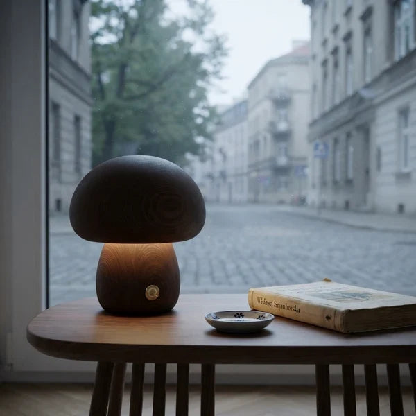 Wooden Mushroom LED Night Light Dome Shade Push Button Bedside Table Lamp Decor