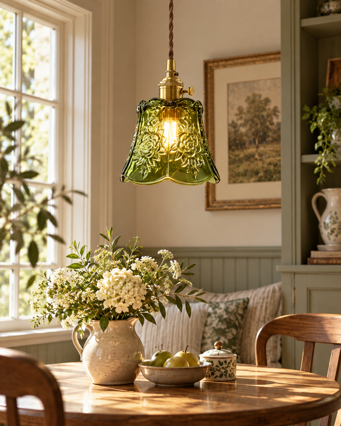 Green Glass Pendant Light Scalloped Bell Shade Brass Fitting Kitchen Ceiling Lighting