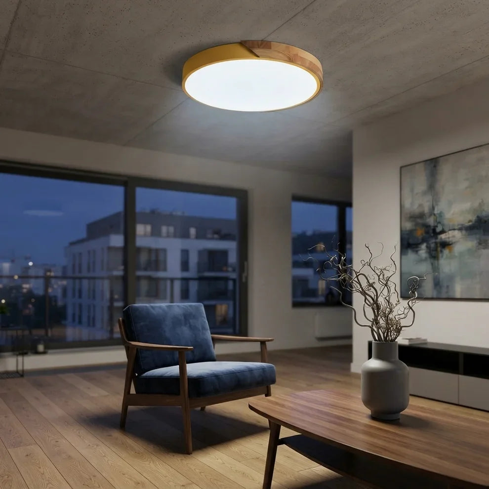 LED Ceiling Lights Wood Accent Round Flush Mount Dimmable Scandinavian Home Lighting