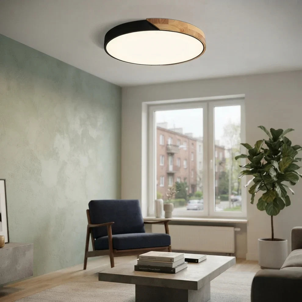 LED Ceiling Lights Wood Accent Round Flush Mount Dimmable Scandinavian Home Lighting