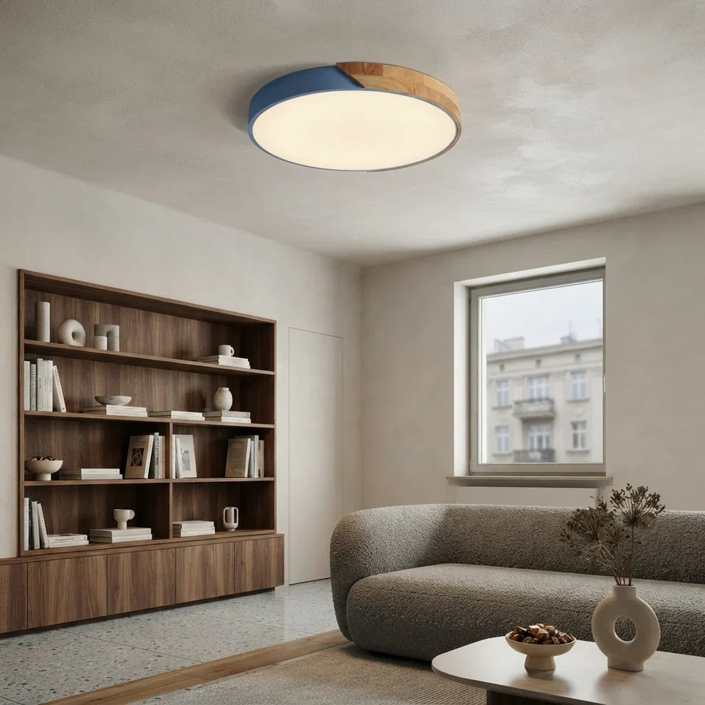 LED Ceiling Lights Wood Accent Round Flush Mount Dimmable Scandinavian Home Lighting